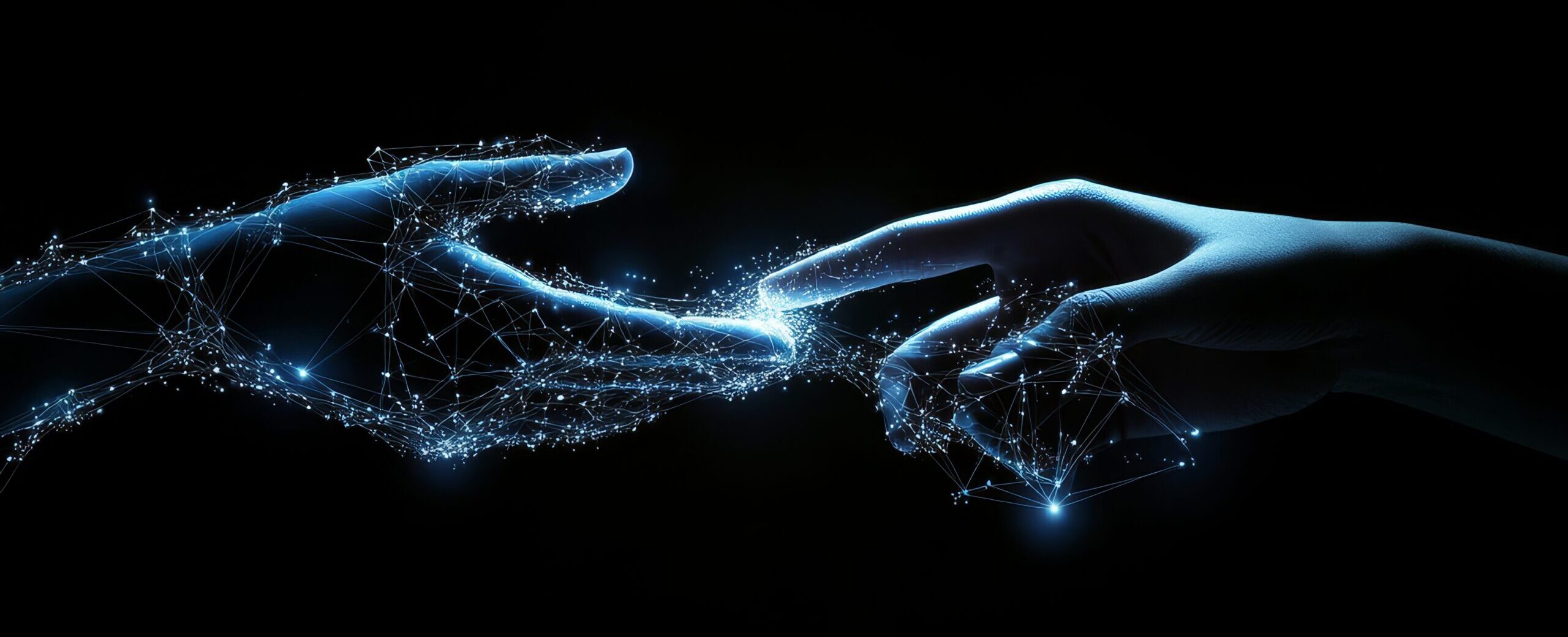 Robot and human hands connect on customer support network, showcasing automation and ai efficiency